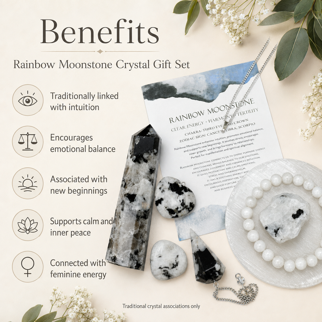 Rainbow Moonstone Crystal Gift Set For Emotional Support and Protection, Real Polished Gemstones.