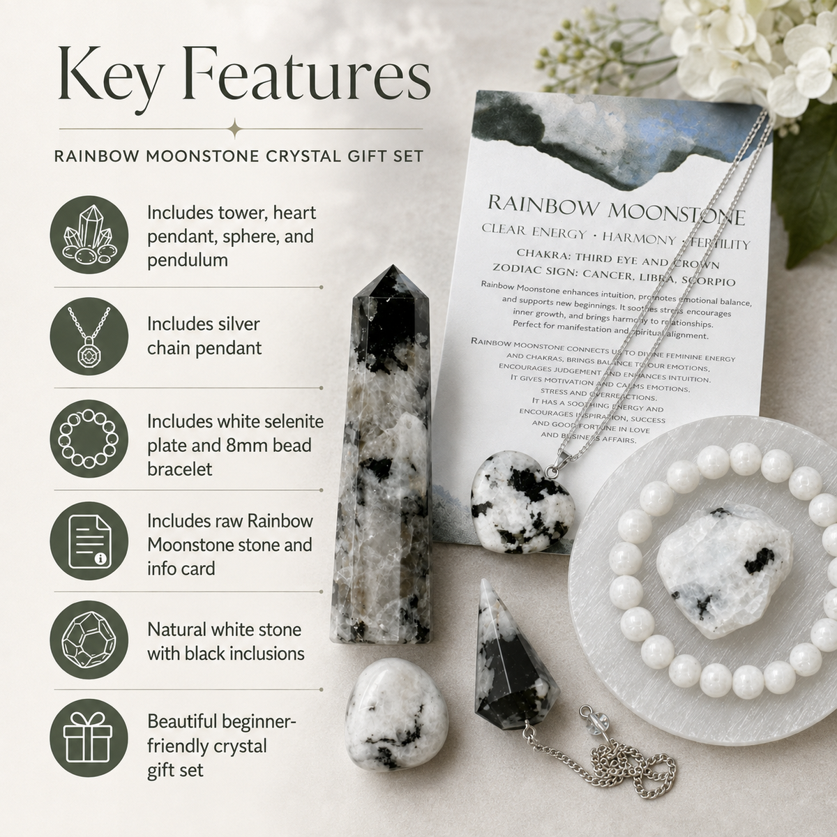Rainbow Moonstone Crystal Gift Set For Emotional Support and Protection, Real Polished Gemstones.