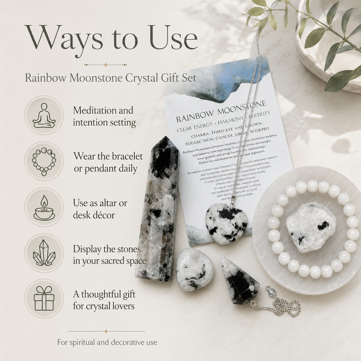 Rainbow Moonstone Crystal Gift Set For Emotional Support and Protection, Real Polished Gemstones.