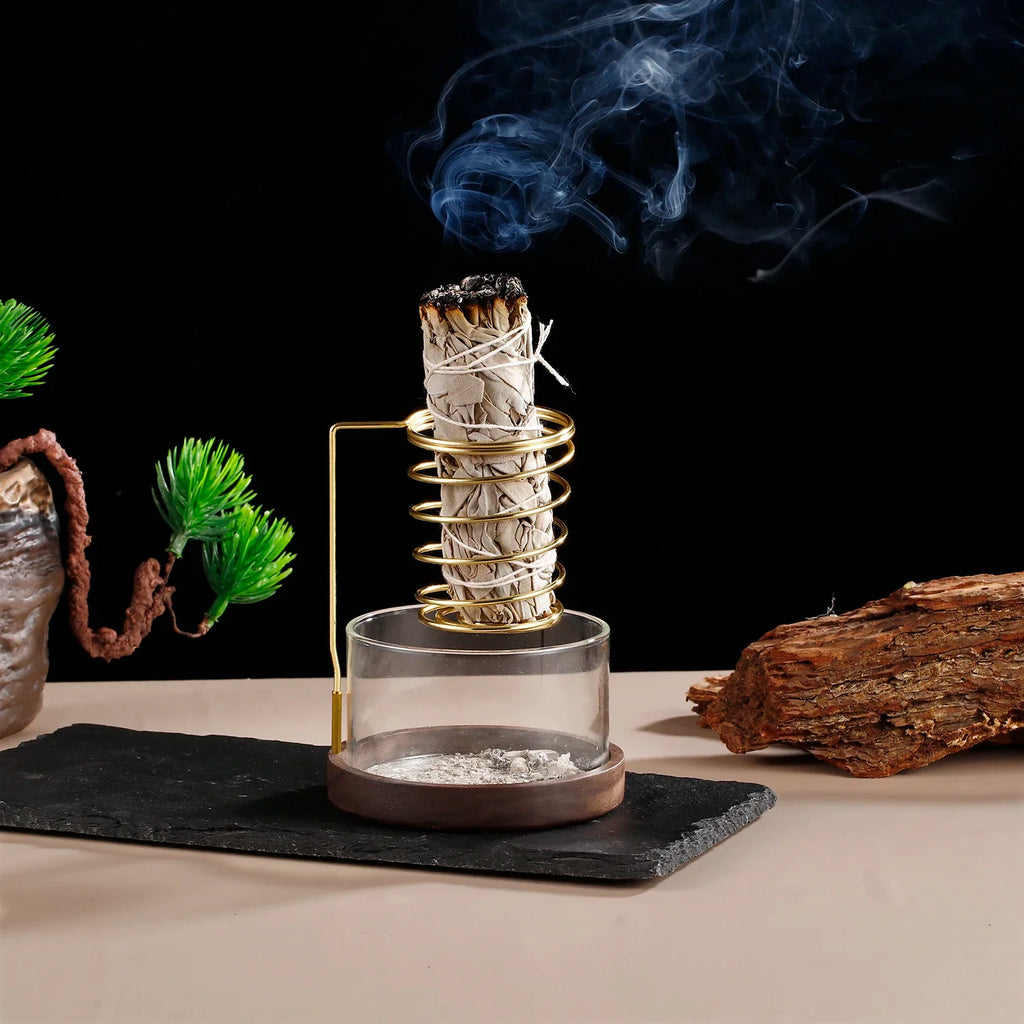 Metal Sage Holder Burner Palo Santo Holder with Glass Ash Catcher Tray Incense Holder for Meditation Yoga Spa