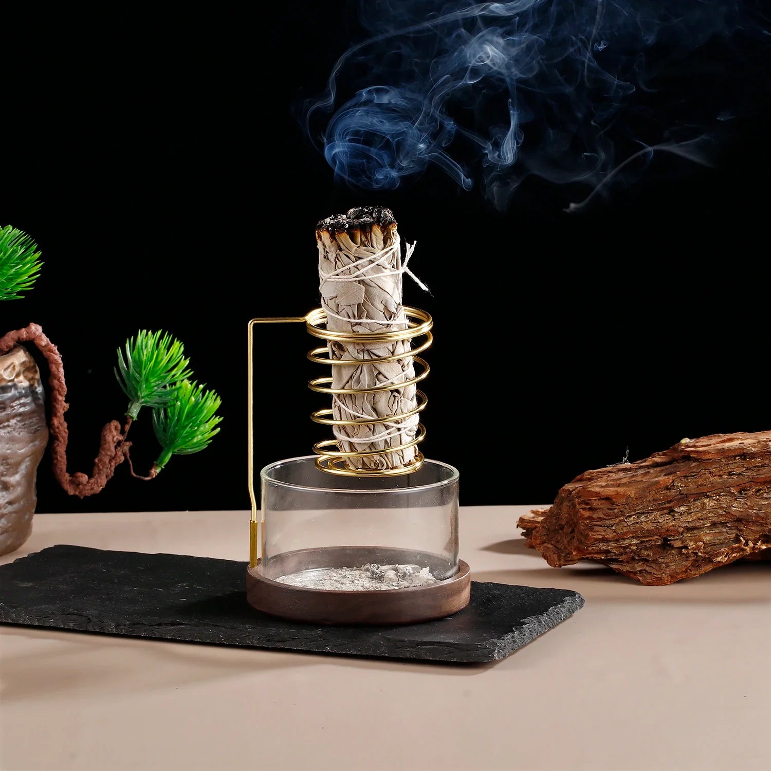 Metal Sage Holder Burner Palo Santo Holder with Glass Ash Catcher Tray Incense Holder for Meditation Yoga Spa