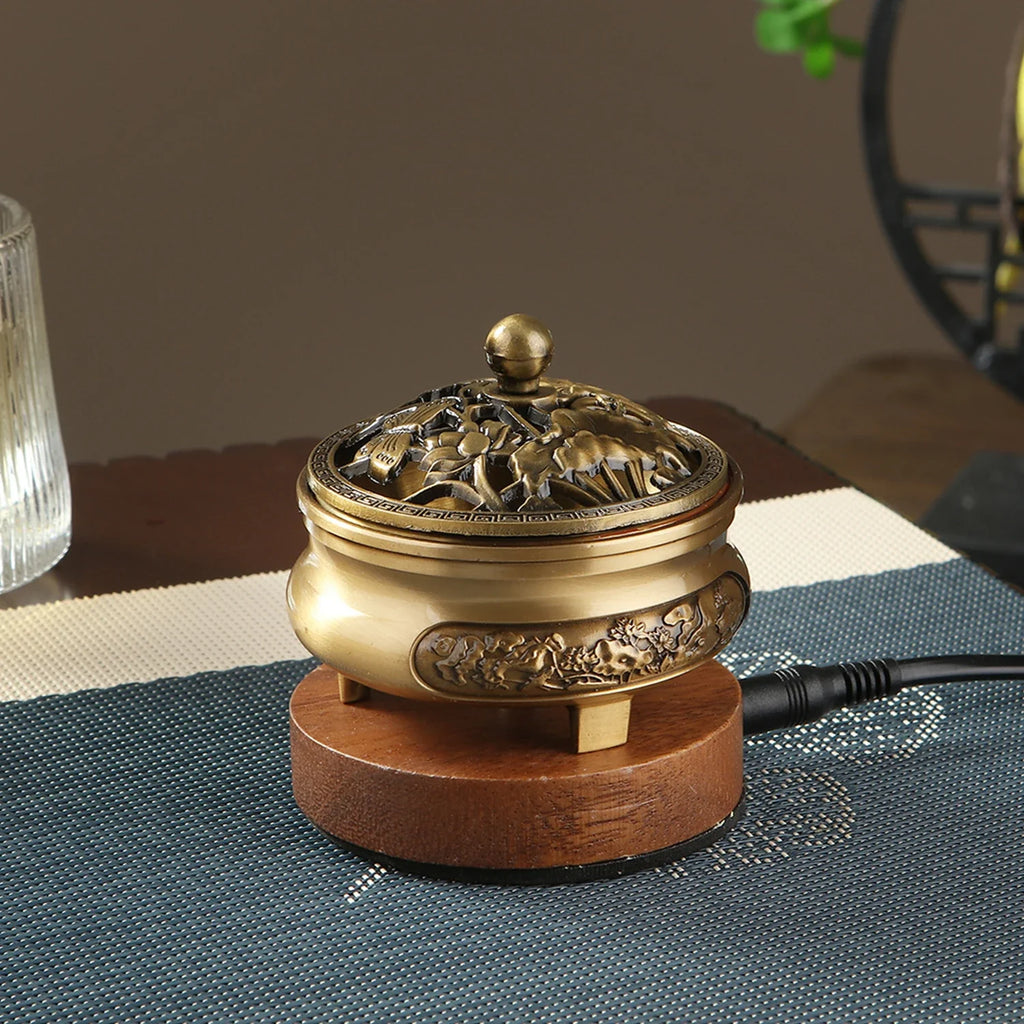 220V Electronic Incense Burner Bronze Essential Oil Burner Timing Adjustable Temperature Sandalwood Agarwood Incense Burner