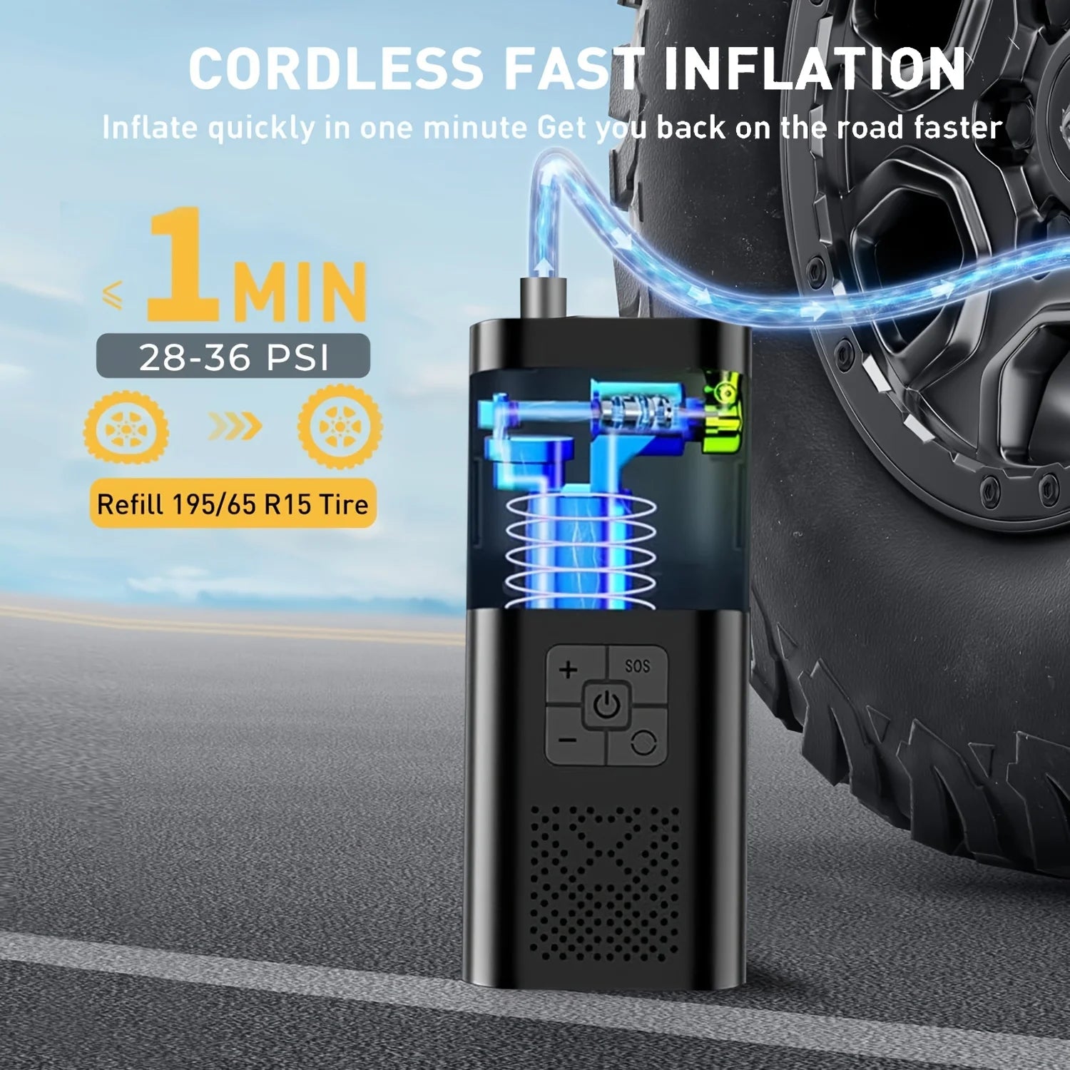 Tire inflator in use on car tire