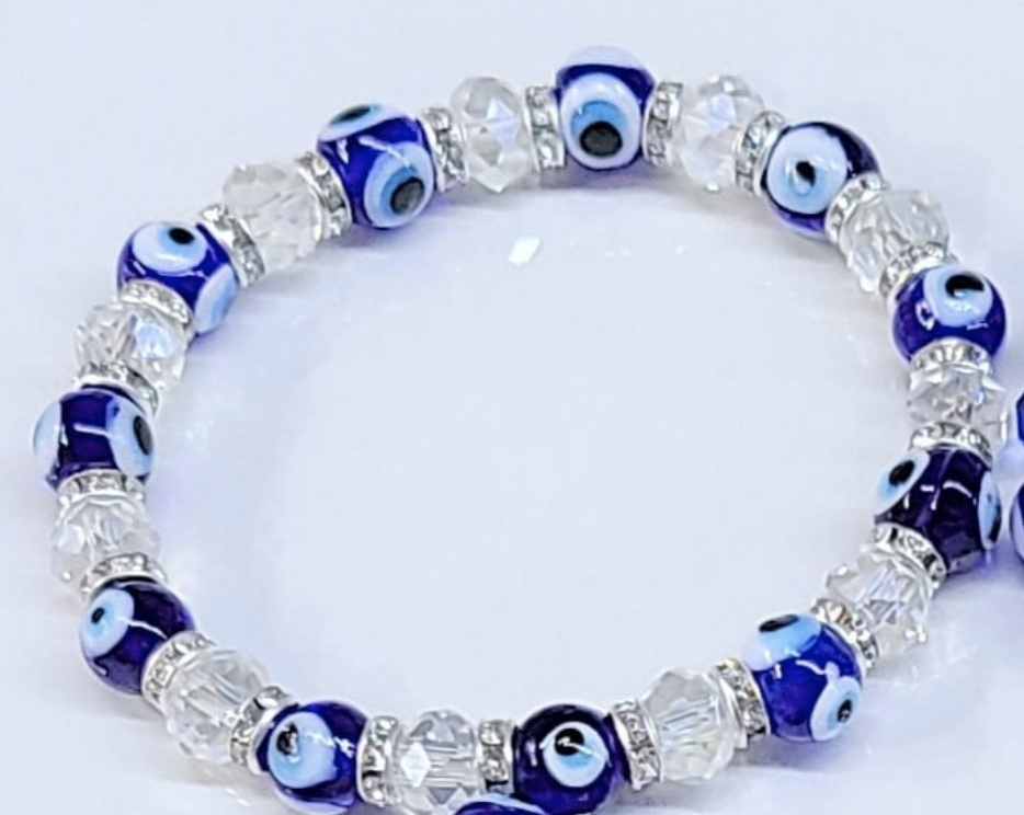 Evil Eye White Bead Stackable Bracelet by Sacred Crystals