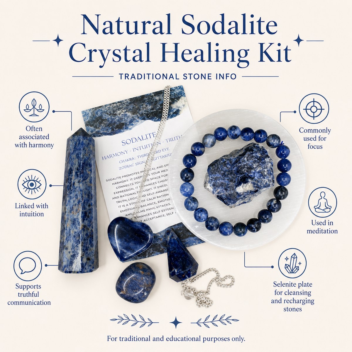 Sodalite Crystal Gift Set For Emotional Support and Protection, Real Polished Gemstones.
