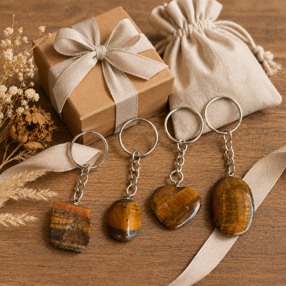 Tiger Eye Key Chain, Gemstone Keychain Crystal Key Ring (Creativity and Intuition).