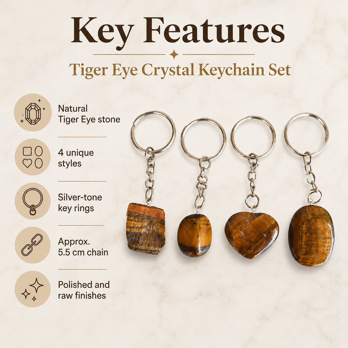 Tiger Eye Key Chain, Gemstone Keychain Crystal Key Ring (Creativity and Intuition).