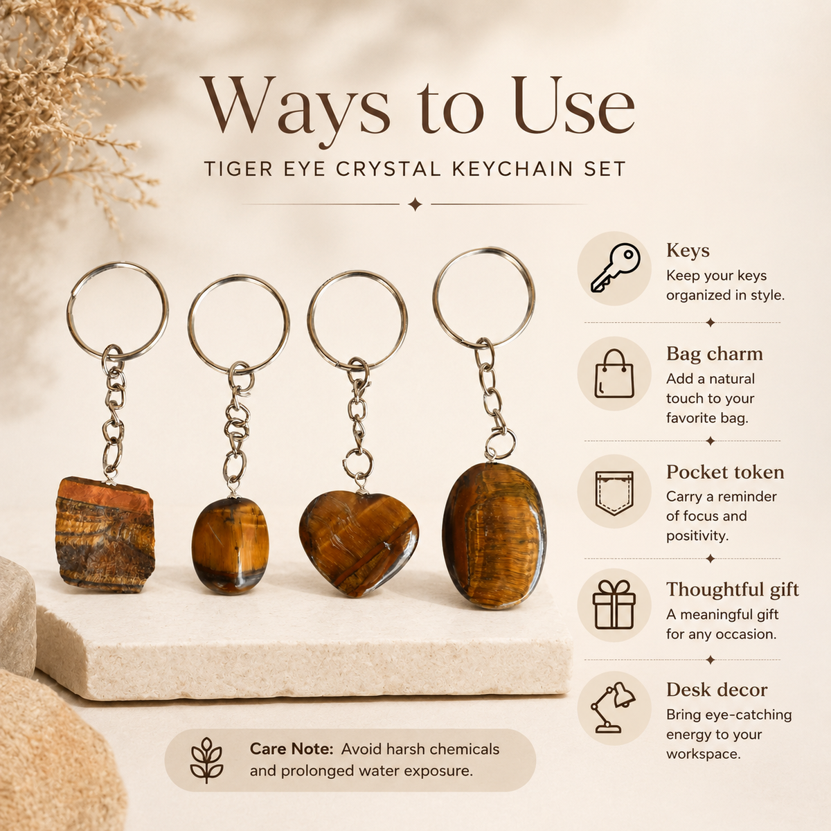 Tiger Eye Key Chain, Gemstone Keychain Crystal Key Ring (Creativity and Intuition).