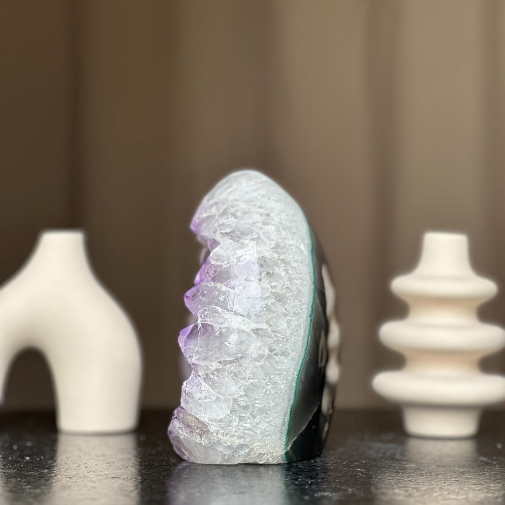 White Quartz & Amethyst Geode Crystal Egg, Large Cave with Agate formations