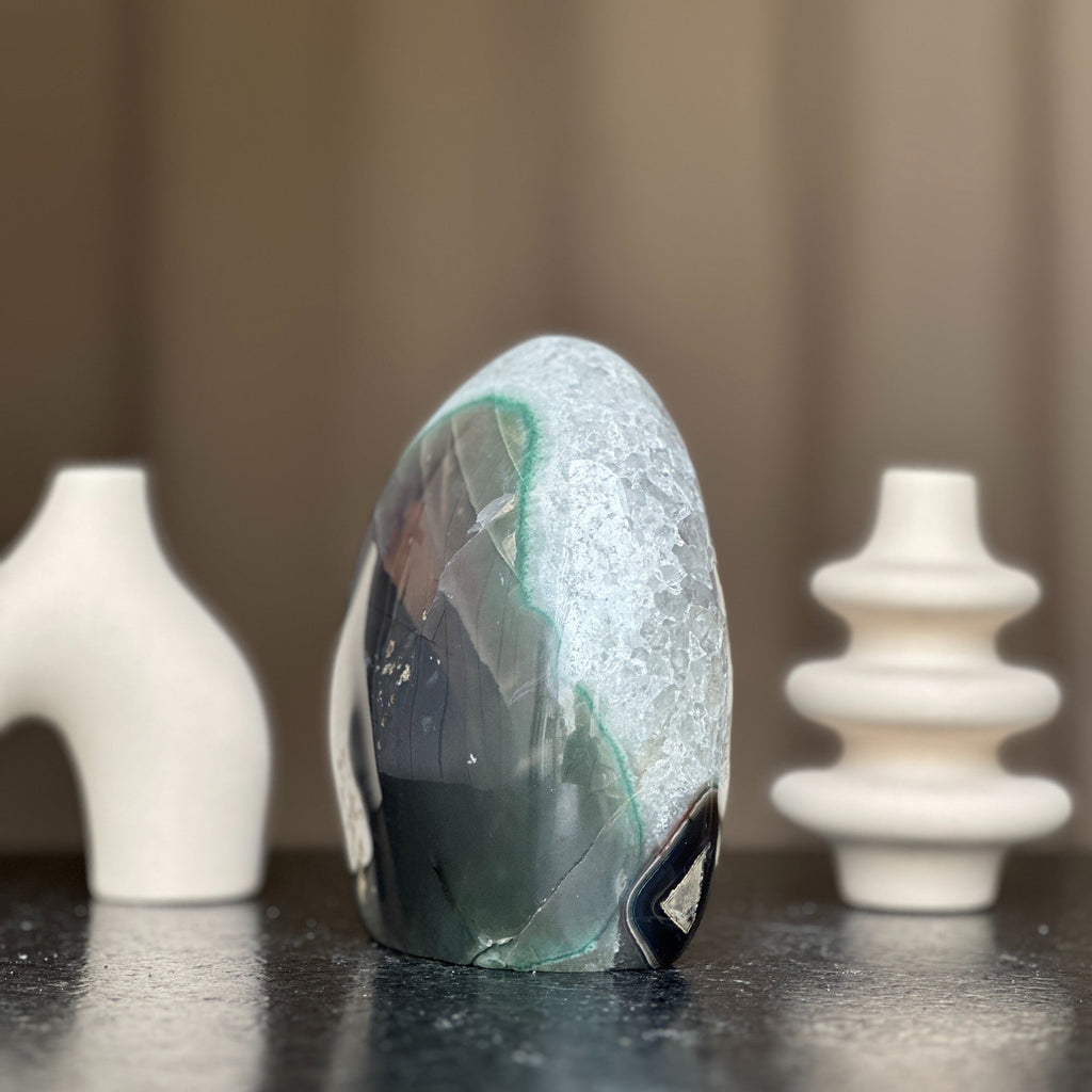 White Quartz & Amethyst Geode Crystal Egg, Large Cave with Agate formations