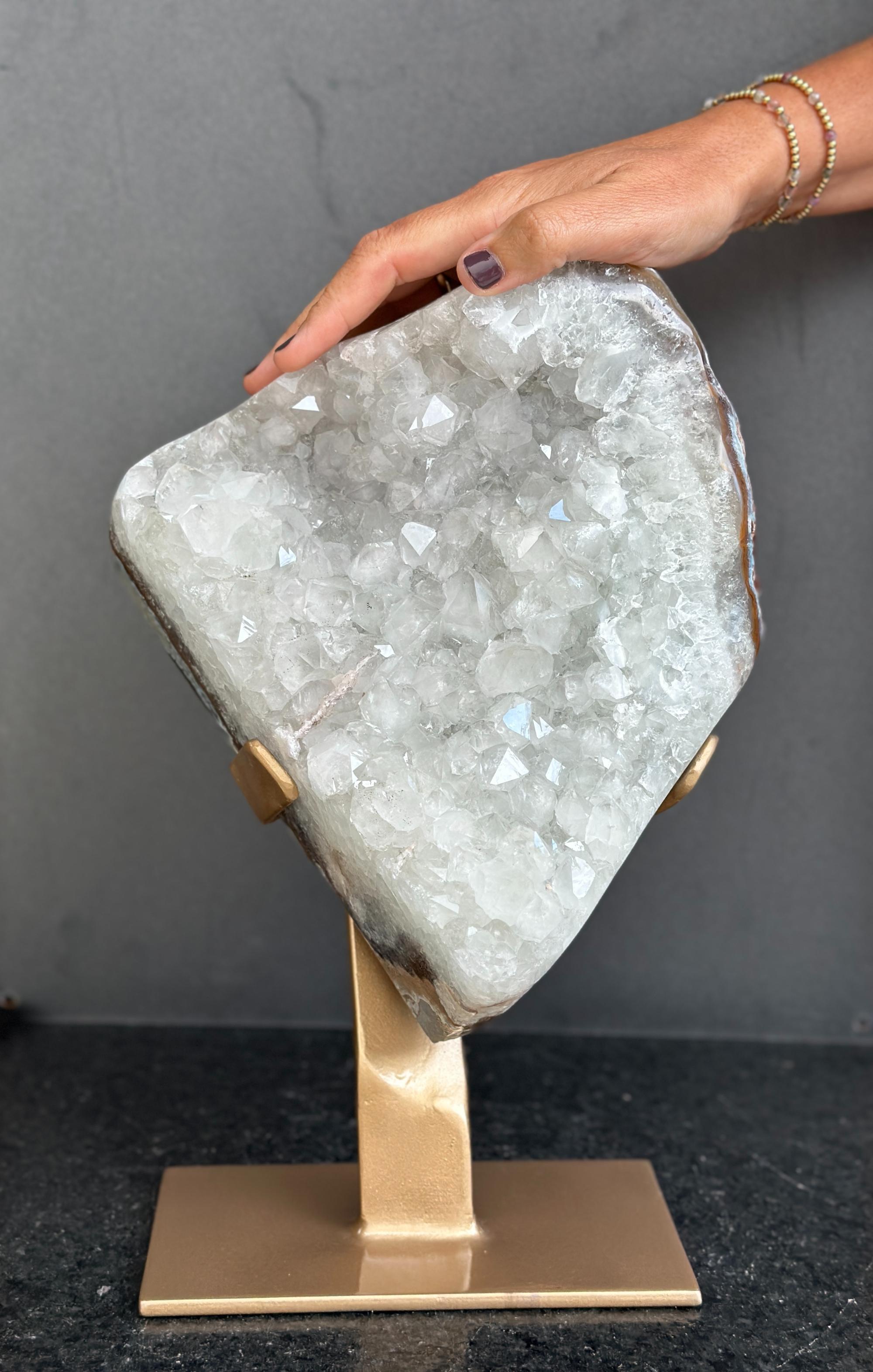 White quartz on stand, Geode with metallic base included for home decoration