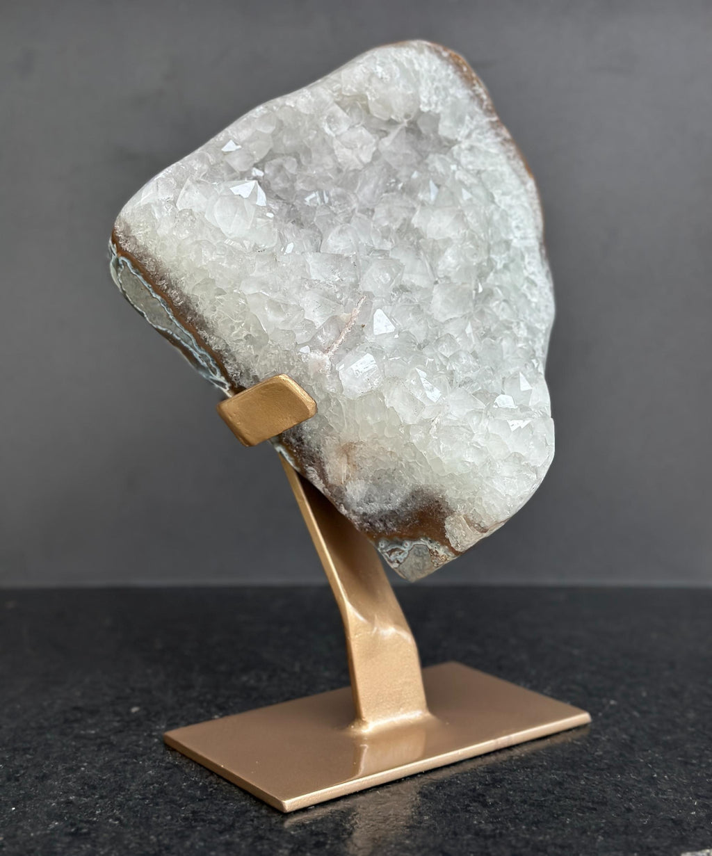 White quartz on stand, Geode with metallic base included for home decoration