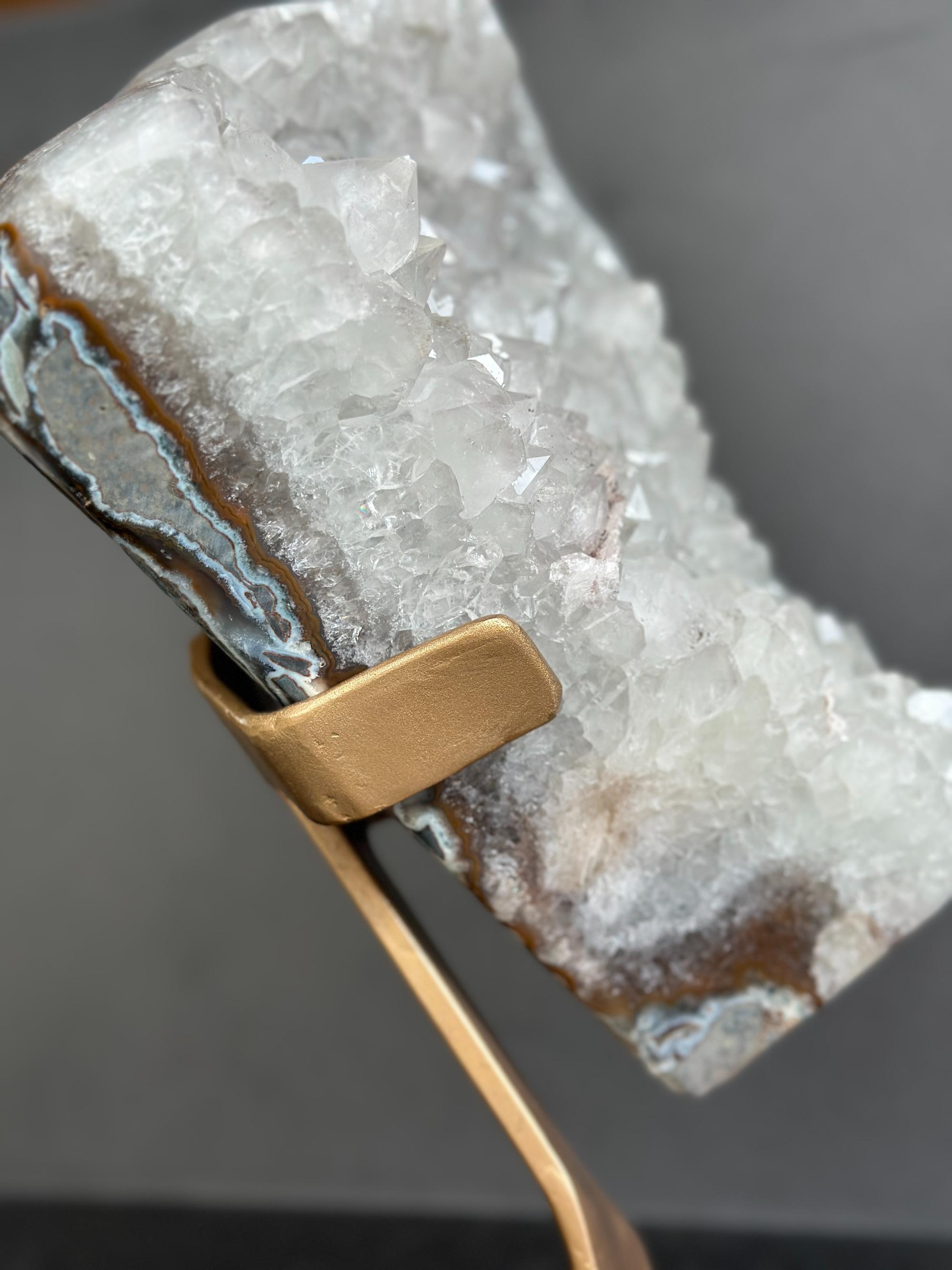 White quartz on stand, Geode with metallic base included for home decoration