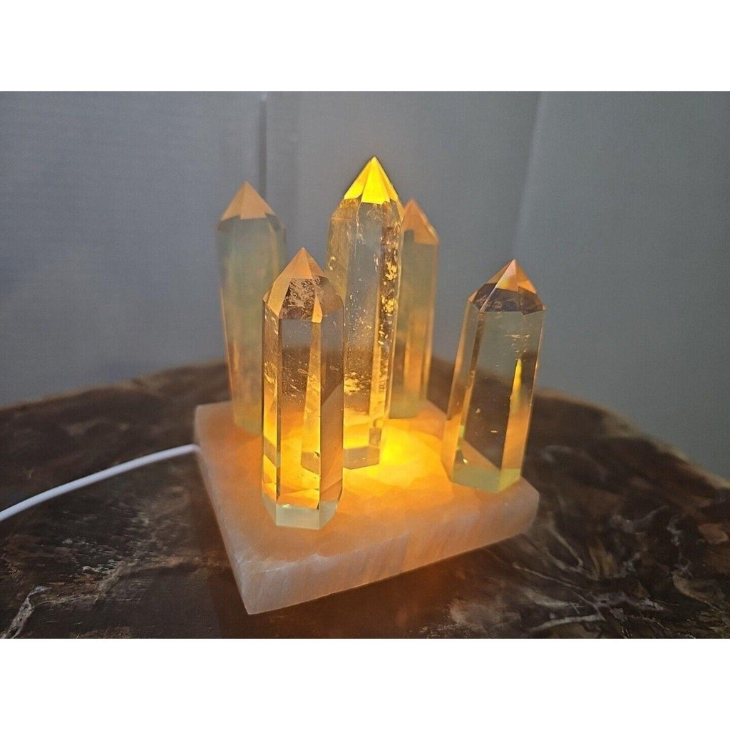 Yellow Smelt Quartz Crystal Points with Selenite Charging Base & LED Display — 5-Piece Set | CrystalCloud Company by CrystalCloud Company