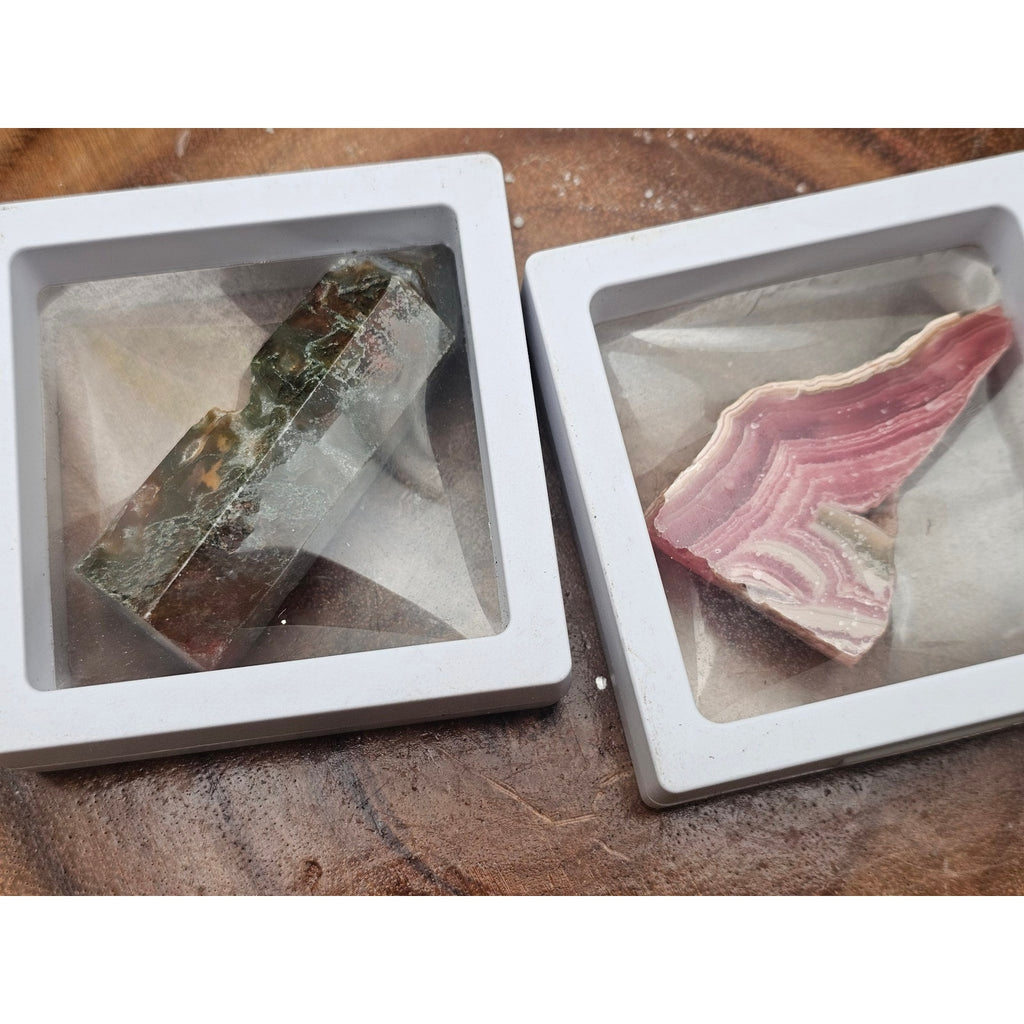 Moss Agate and Pink Banded Stone Set in Floating Display Frames