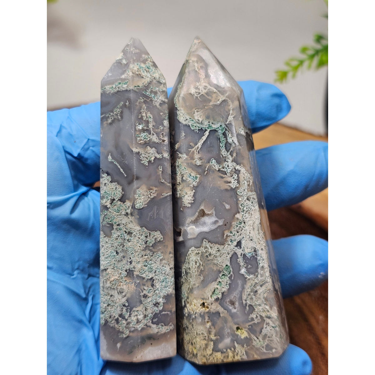 Pair of Moss Agate Towers — Blue Gray with Green & White Inclusions