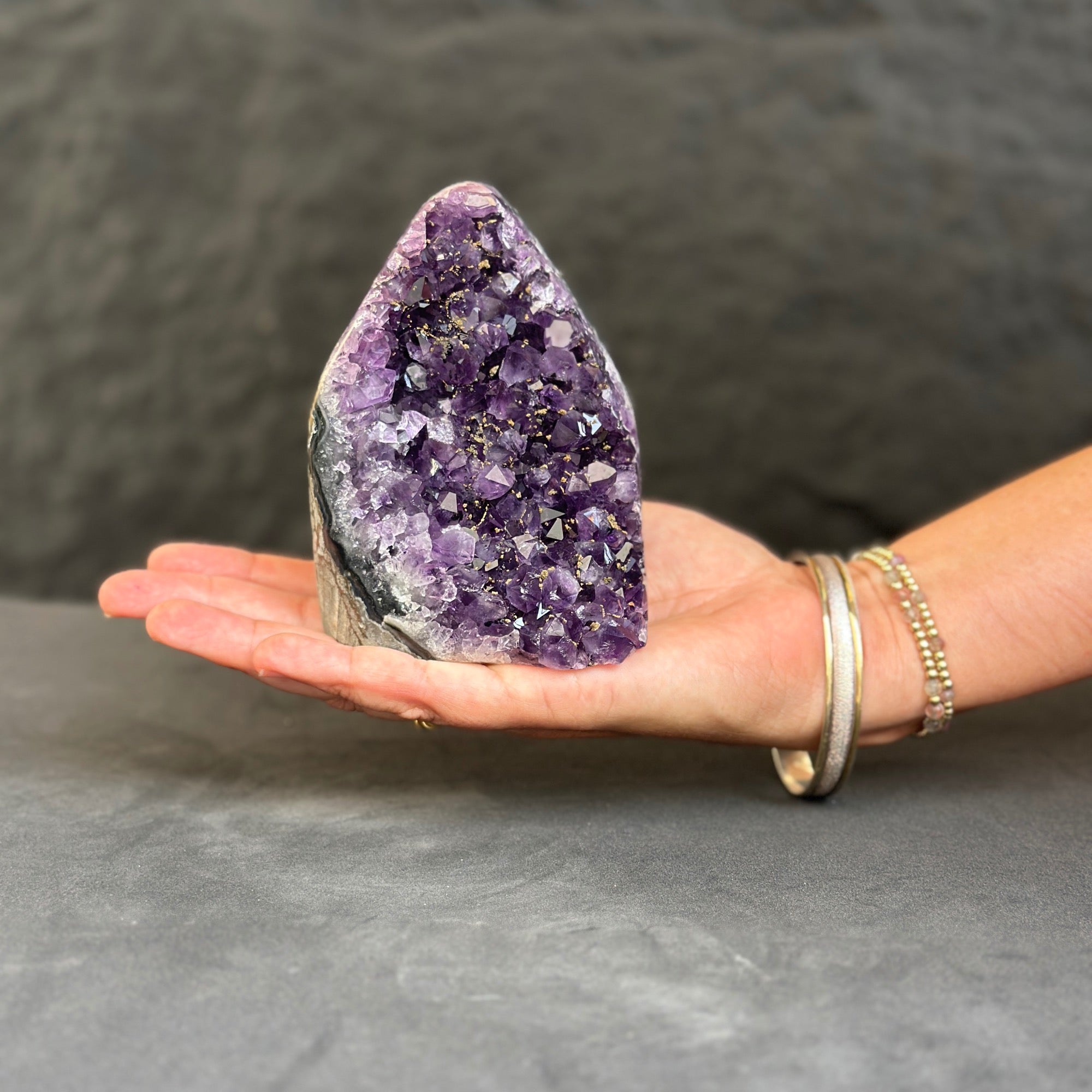 Amethyst cluster, Uniquely stone for tabletop decor, natural crystal stone with agate formations
