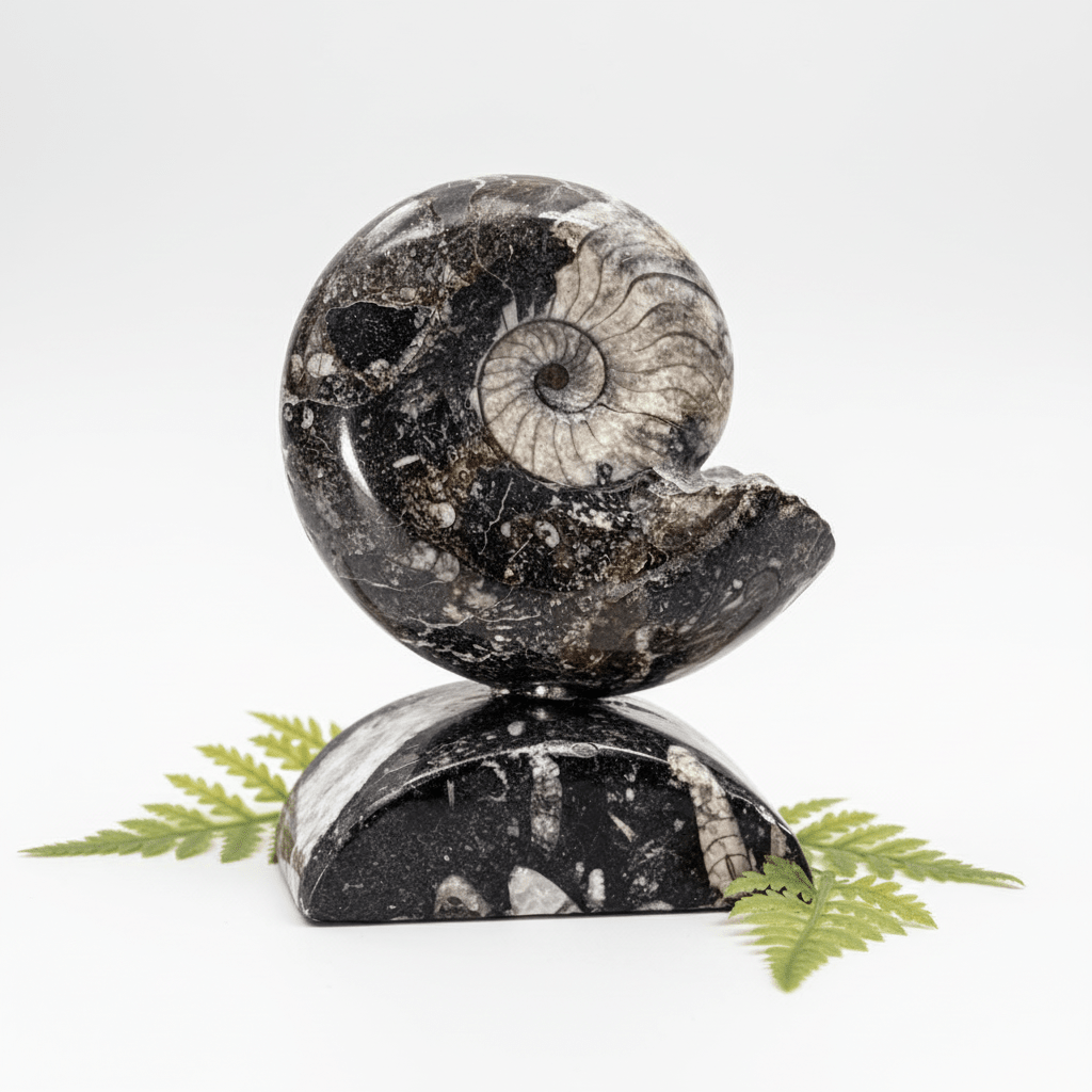 Ammonite with Orthoceras stand (1 Piece) 4 to 5 inches Crystal Gemstone Home Decor by Crystal River Gems