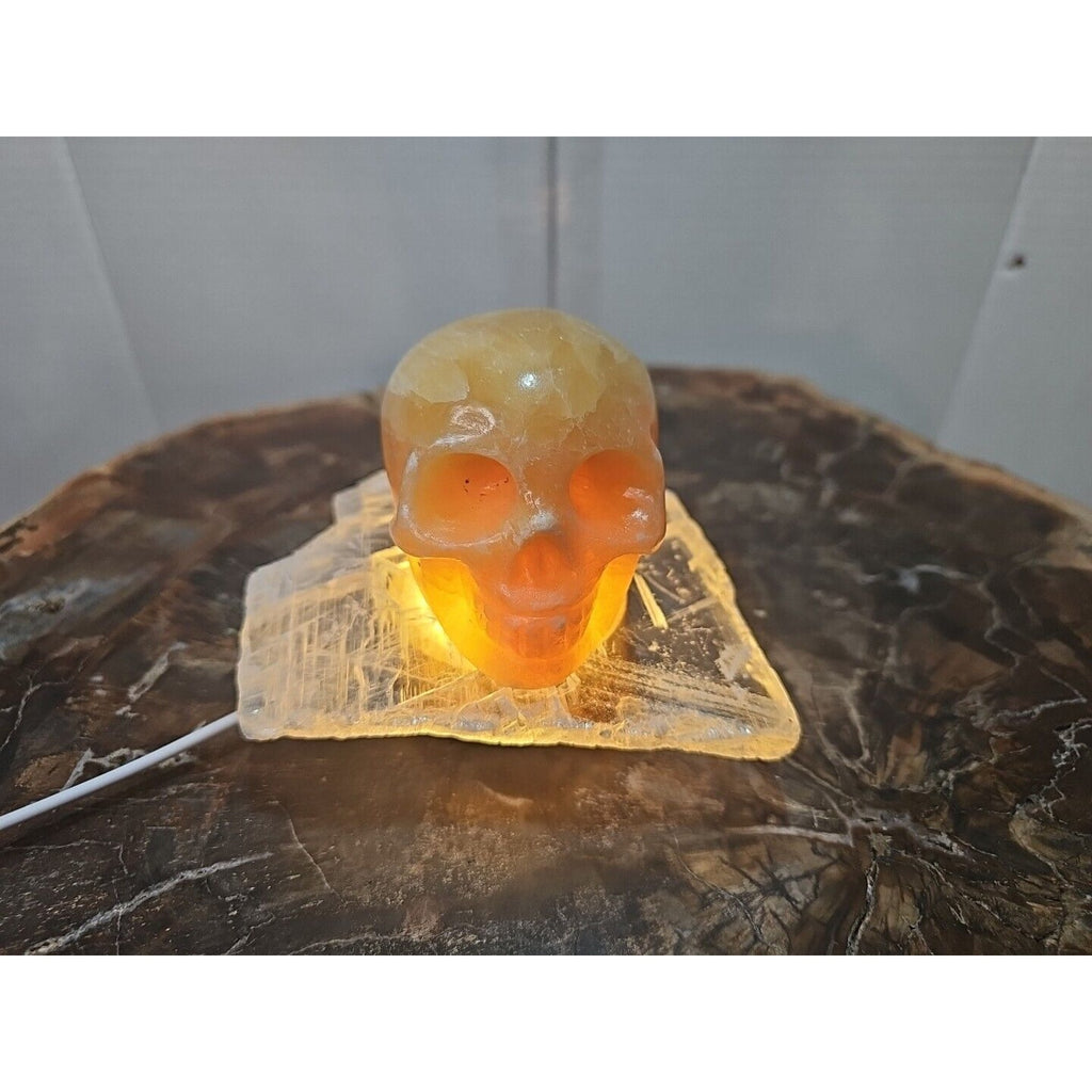 1.62LB Natural Yellow Translucent Calcite Crystal Skull W/Selenite Base & Led by CrystalCloud Company