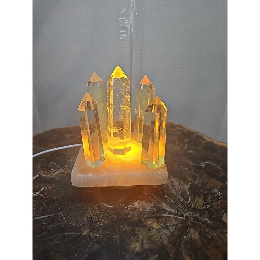 Yellow Smelt Quartz Crystal Points with Selenite Charging Base & LED Display — 5-Piece Set | CrystalCloud Company by CrystalCloud Company