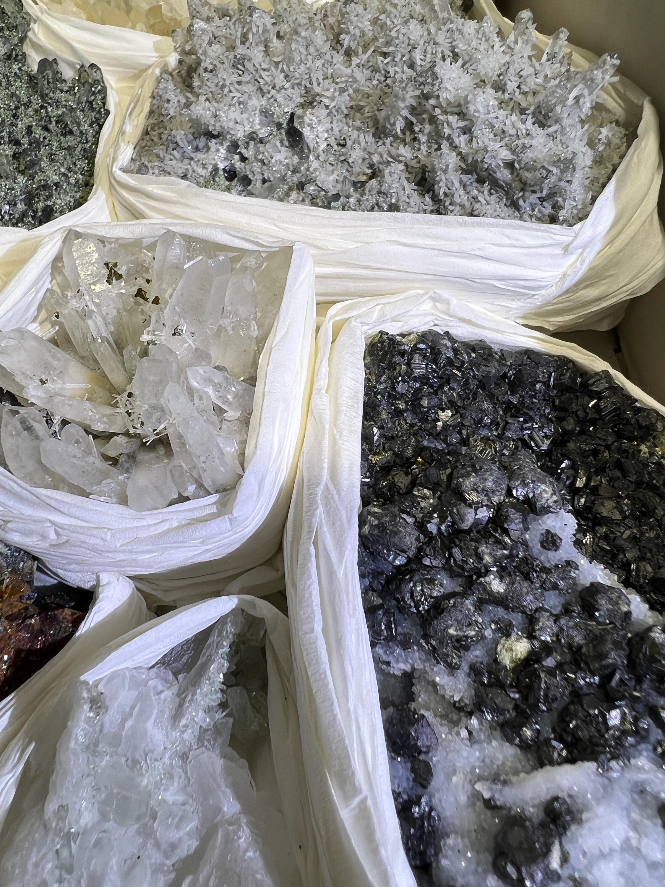 Bolivian Minerals Crystal Mixed Collection (Large 15x10 Inch Flat) Pyrite Sphalerite Galena Quartz Pink Mangano Calcite by Amazing Crystals