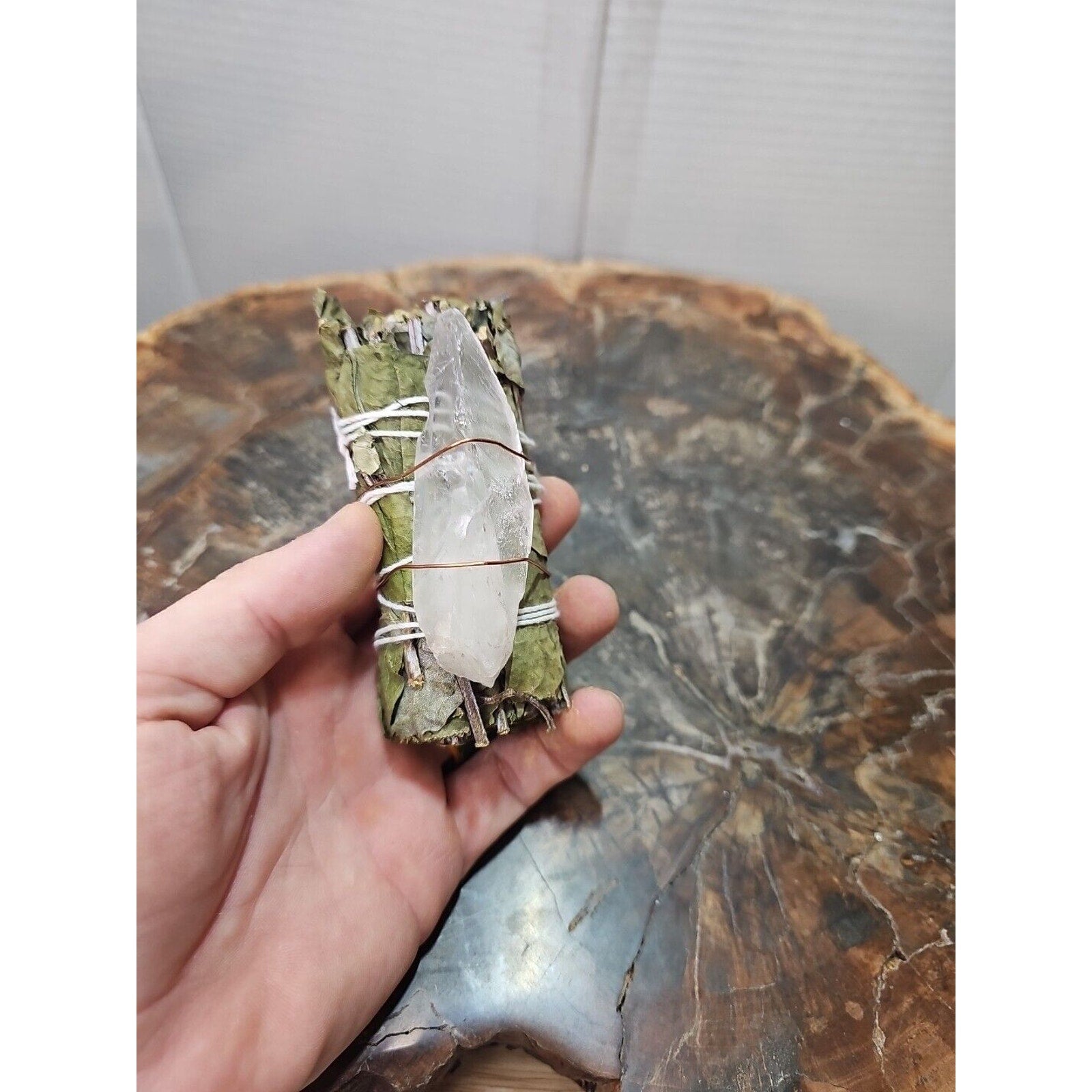 Bay Leaf wrapped crystal W/ Huge White Quartz Healing by CrystalCloud Company