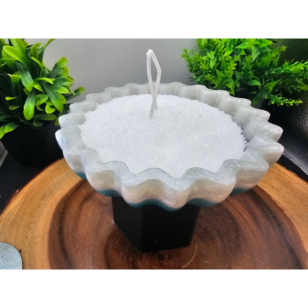 Handmade Fluted Resin Bowl White Teal with 1lb Pearl Wax + 15 Wicks