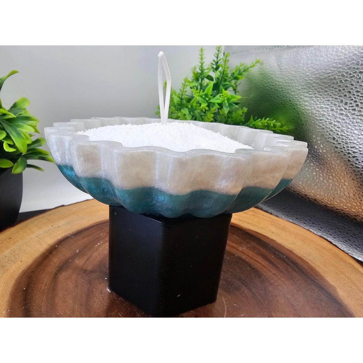 Handmade Fluted Resin Bowl White Teal with 1lb Pearl Wax + 15 Wicks