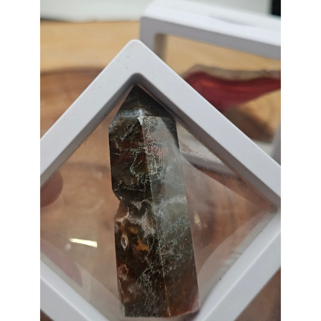 Moss Agate and Pink Banded Stone Set in Floating Display Frames