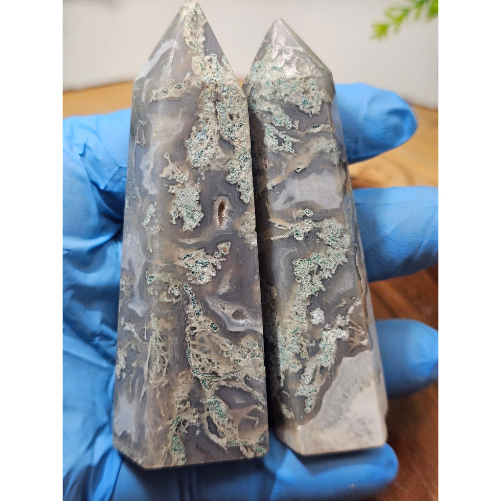 Pair of Moss Agate Towers — Blue Gray with Green & White Inclusions
