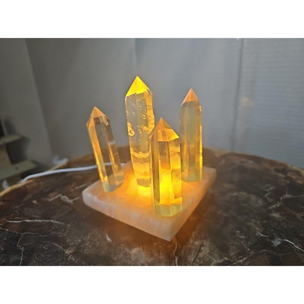Yellow Smelt Quartz Crystal Points with Selenite Charging Base & LED Display — 5-Piece Set | CrystalCloud Company by CrystalCloud Company