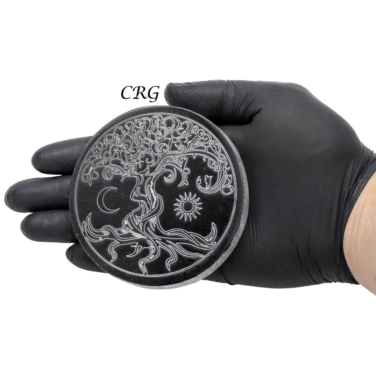 Black Selenite Engraved Tree of Life Plate 4 inches (1 Piece) by Crystal River Gems