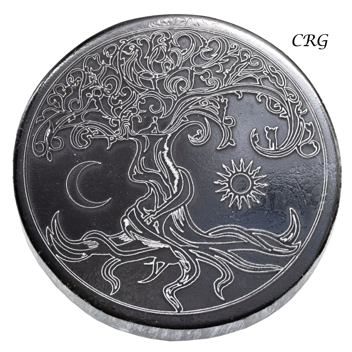 Black Selenite Engraved Tree of Life Plate 4 inches (1 Piece) by Crystal River Gems