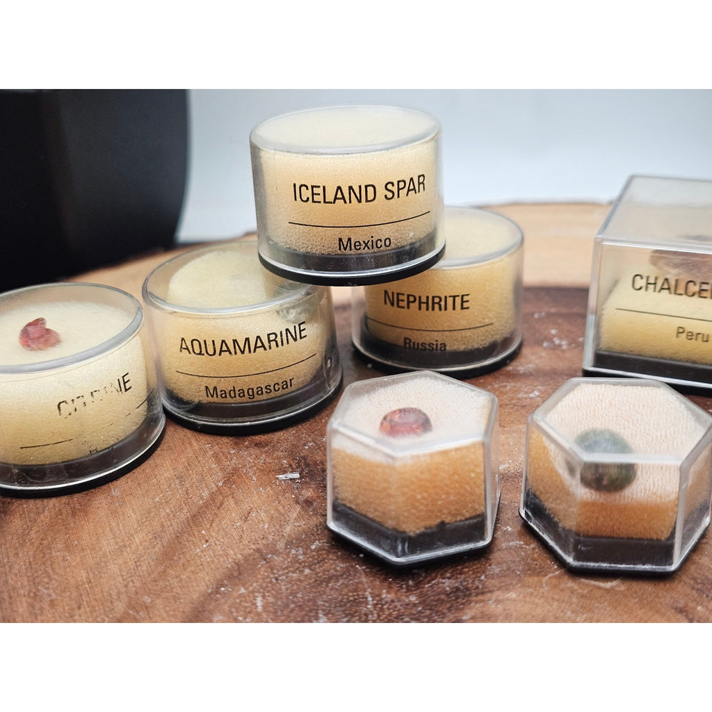 Mineral Specimen Collection in Labeled Collector Jars — 8 Pieces