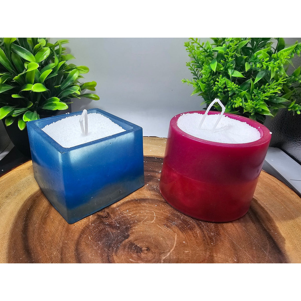 Pair of Handmade Resin Candles — Blue & Magenta, 1lb Pearl Wax + 15 Wicks