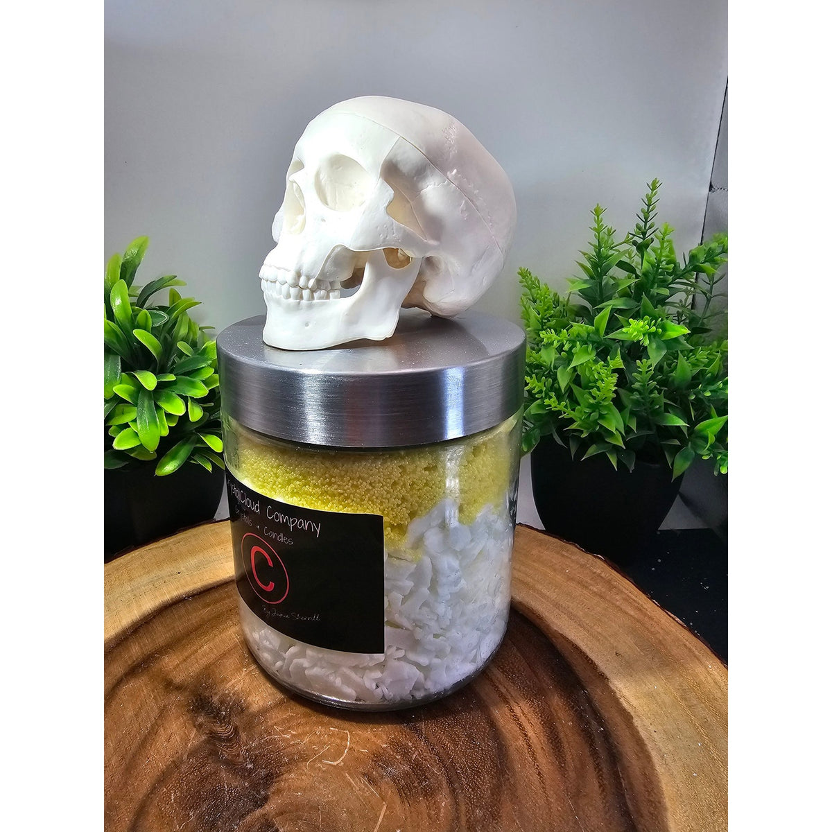 Huge Handmade Candle — Glass Jar with Skull Replica Topper, 15 Wicks