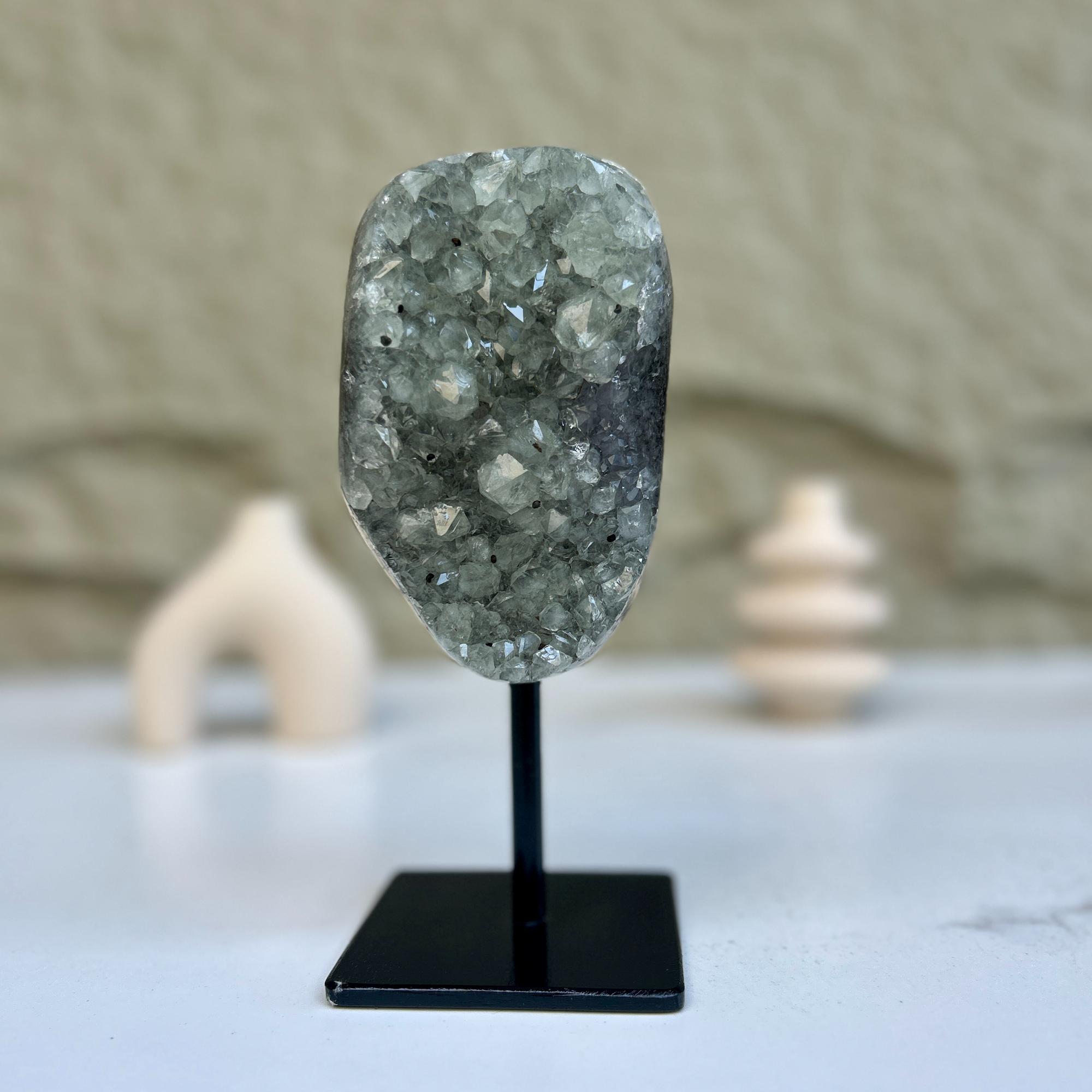 Natural Quartz Crystal Galaxy Geode On Metal Stand