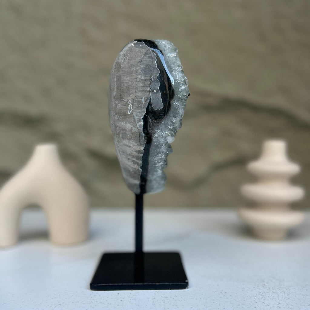 Natural Quartz Crystal Galaxy Geode On Metal Stand