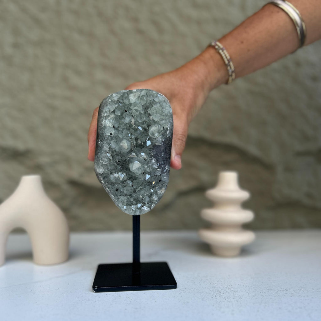 Natural Quartz Crystal Galaxy Geode On Metal Stand