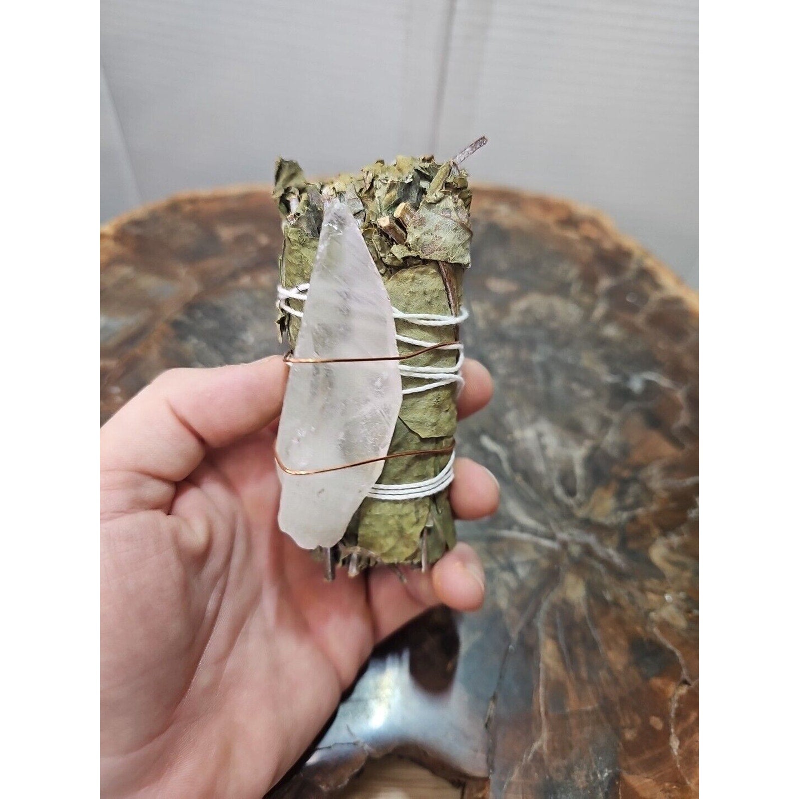 Bay Leaf wrapped crystal W/ Huge White Quartz Healing by CrystalCloud Company