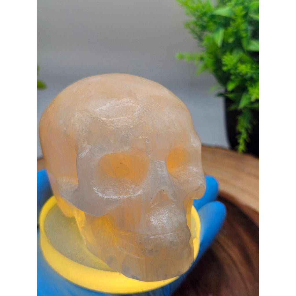Orange Calcite Skull with LED Light Base — ~1 lb