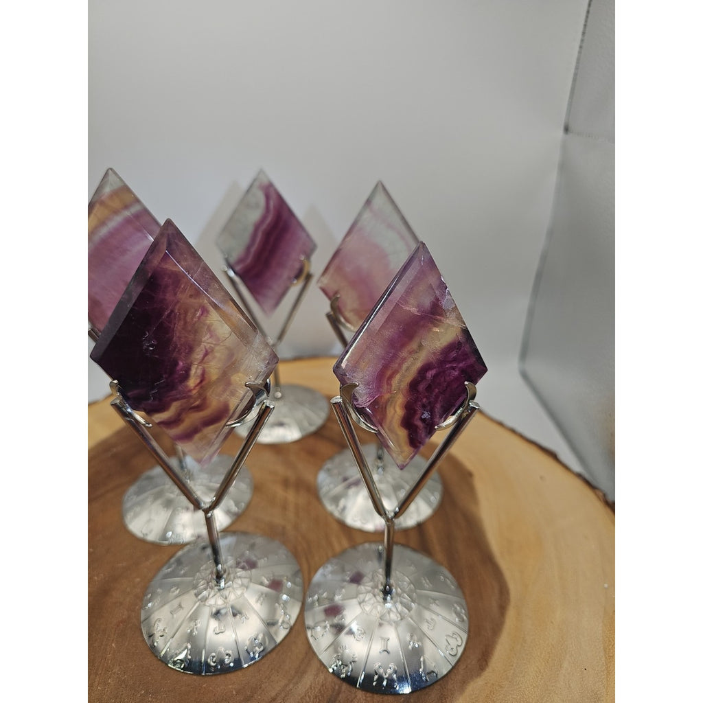 1 Each Natural Rainbow Fluorite Diamond W/ Zodiac stand by CrystalCloud Company