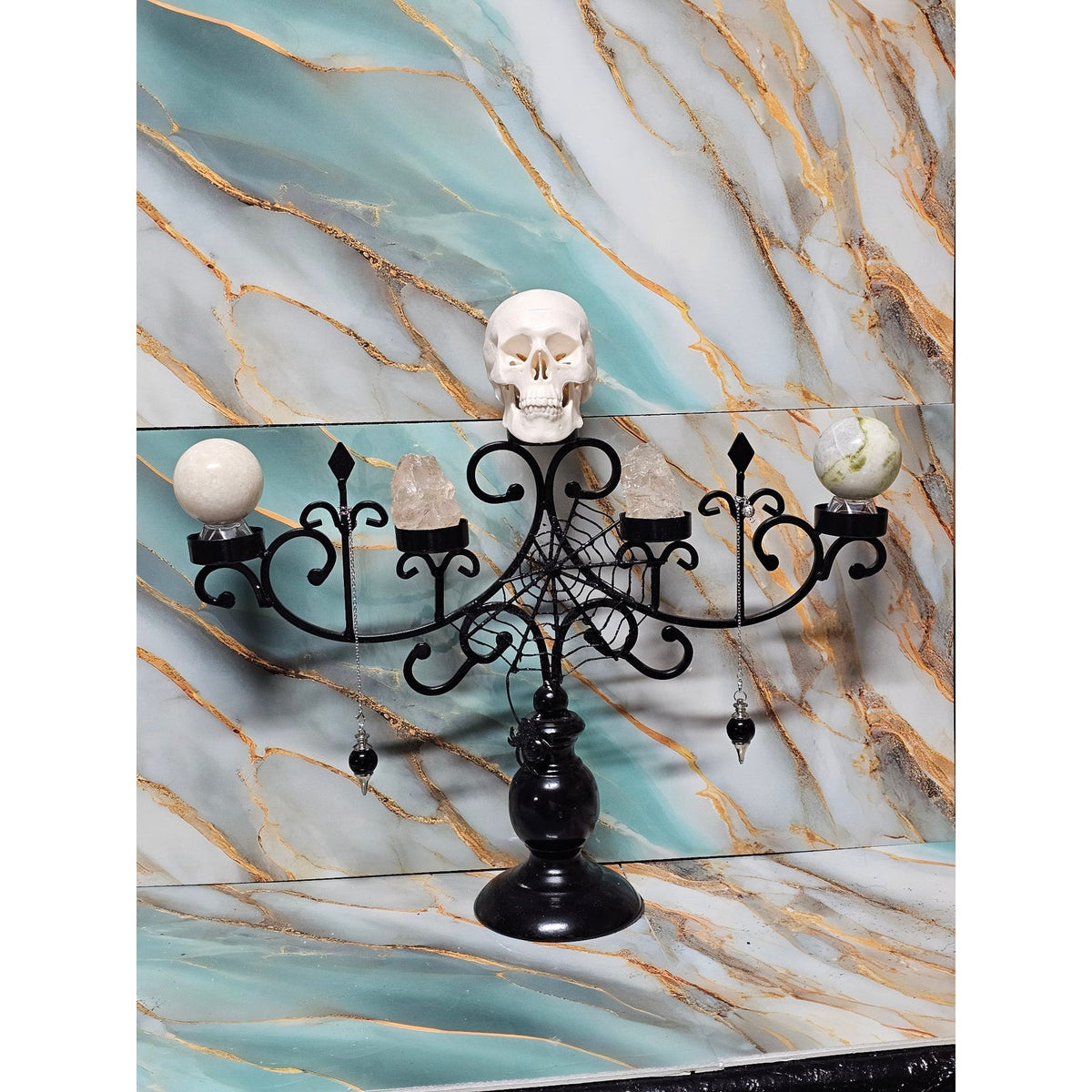 Gothic Skull Candelabra Stand w/ Jasper Spheres & Quartz