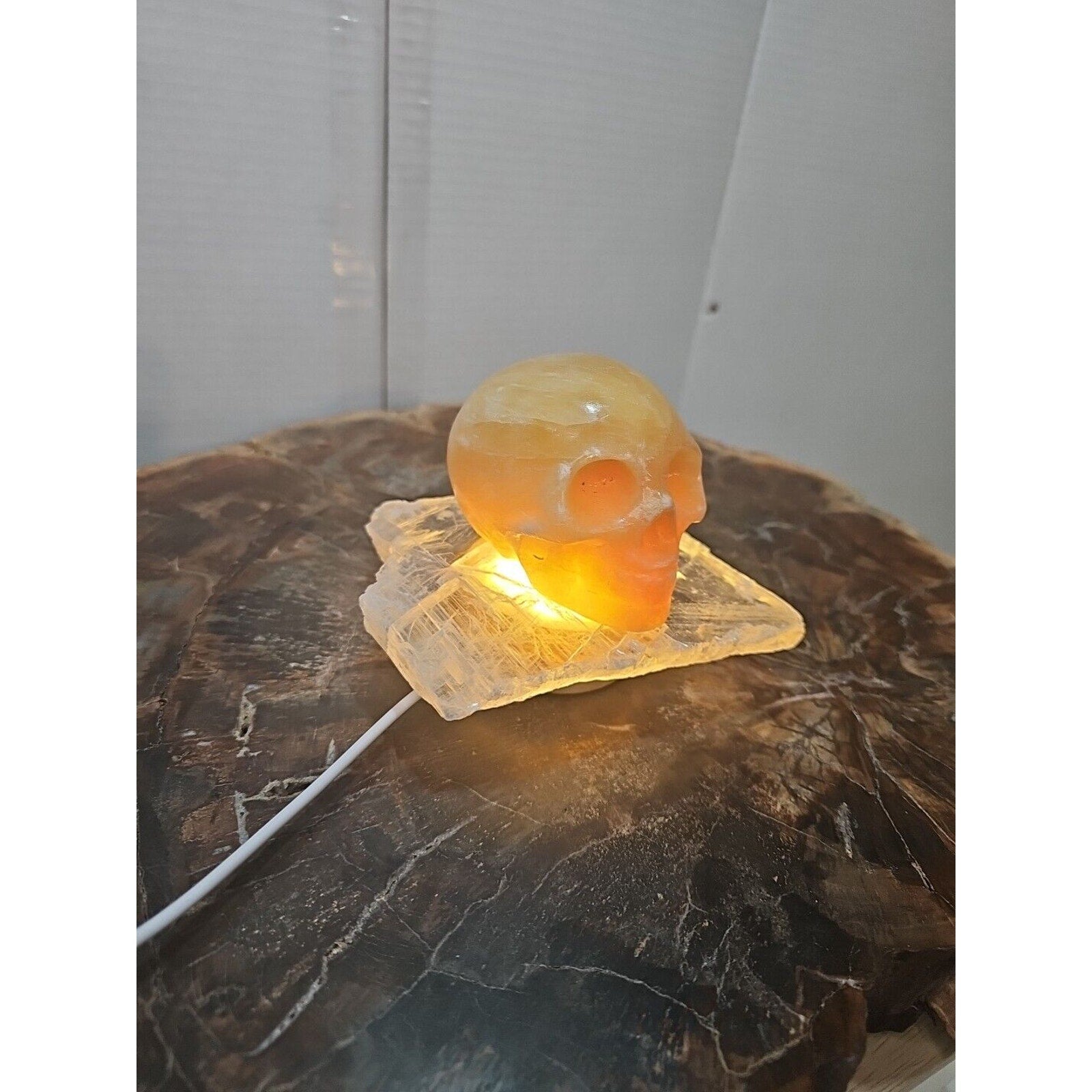 1.62LB Natural Yellow Translucent Calcite Crystal Skull W/Selenite Base & Led by CrystalCloud Company