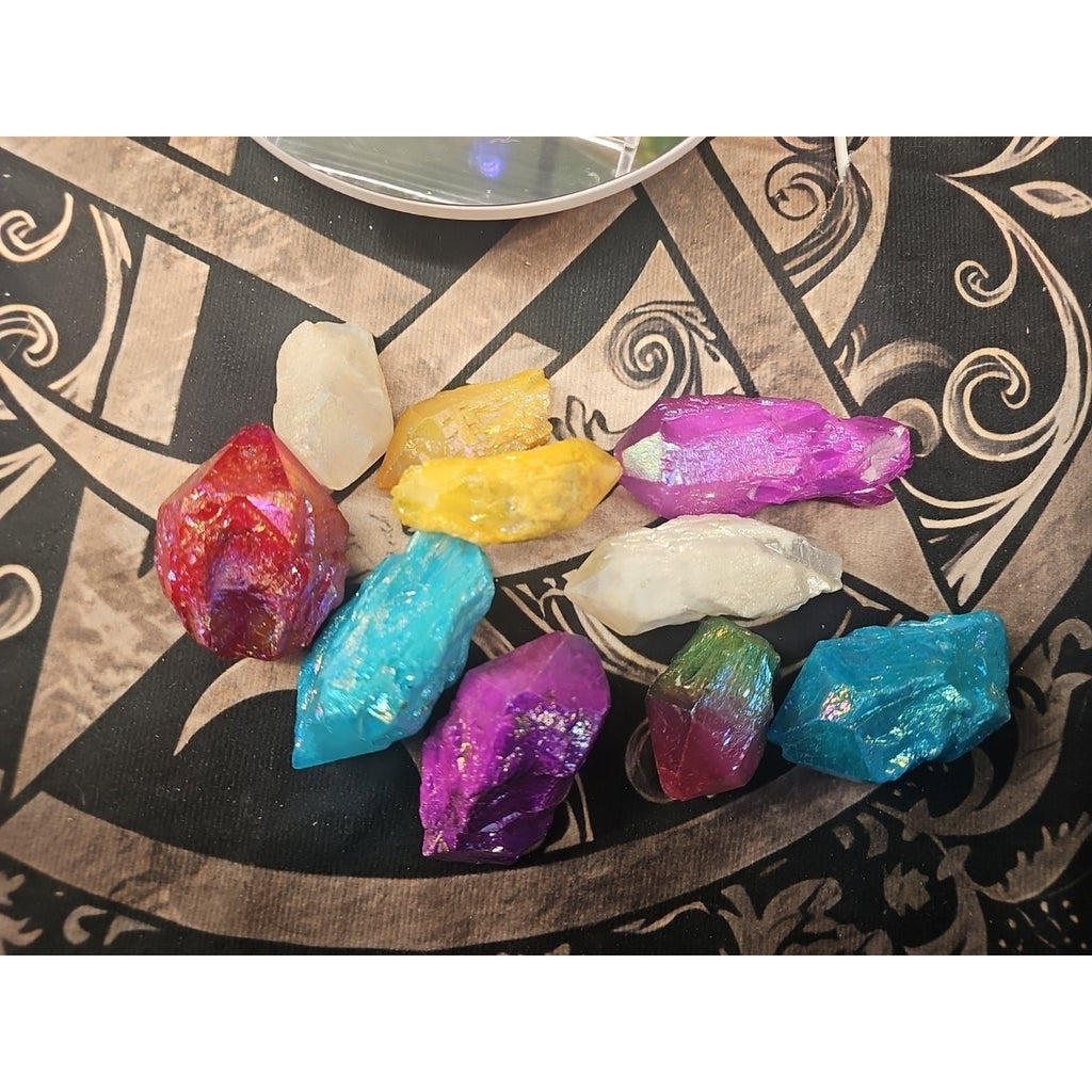 1.29lbsAura Aqua Rainbow Quartz W/wooden Bowl by CrystalCloud Company