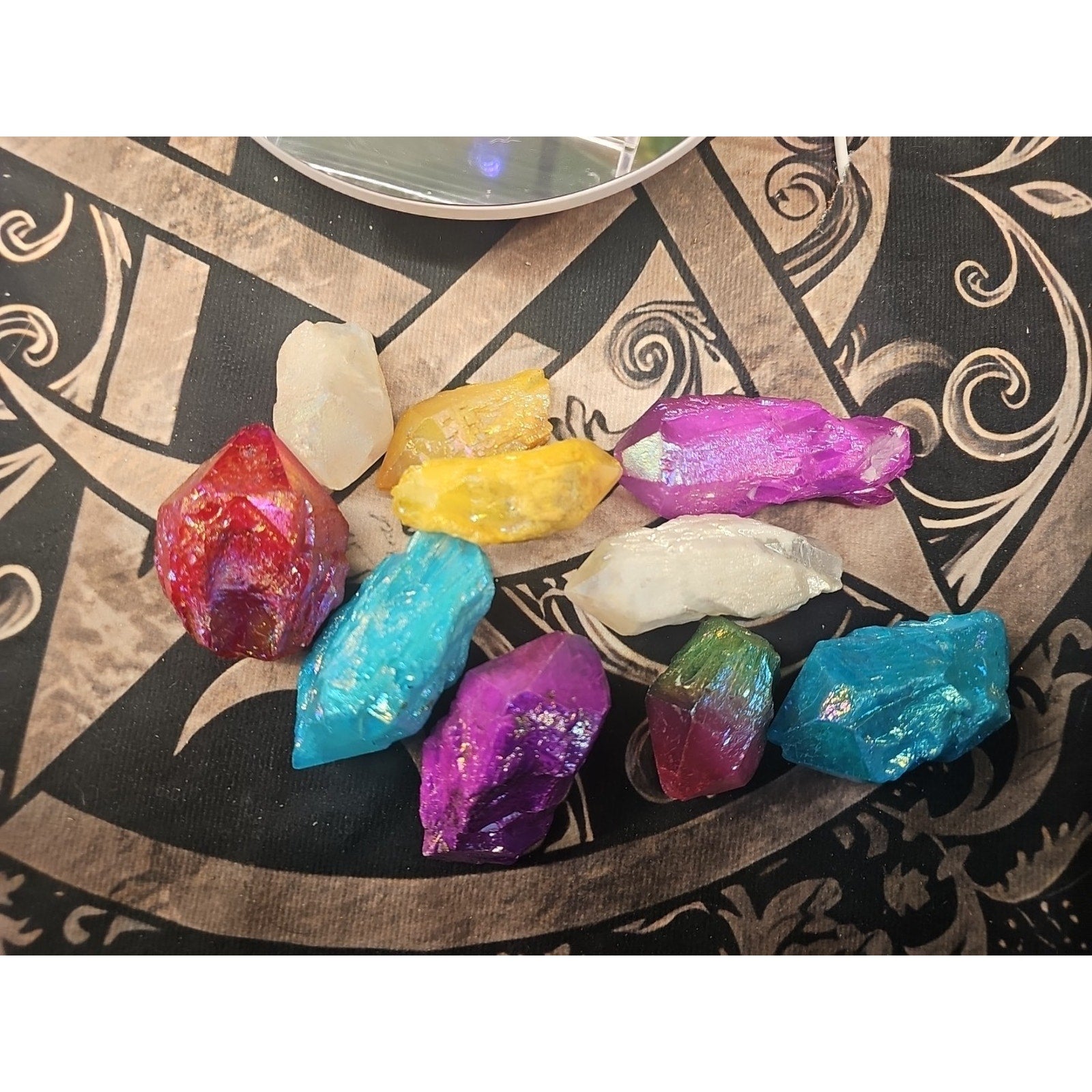 1.29lbsAura Aqua Rainbow Quartz W/wooden Bowl by CrystalCloud Company