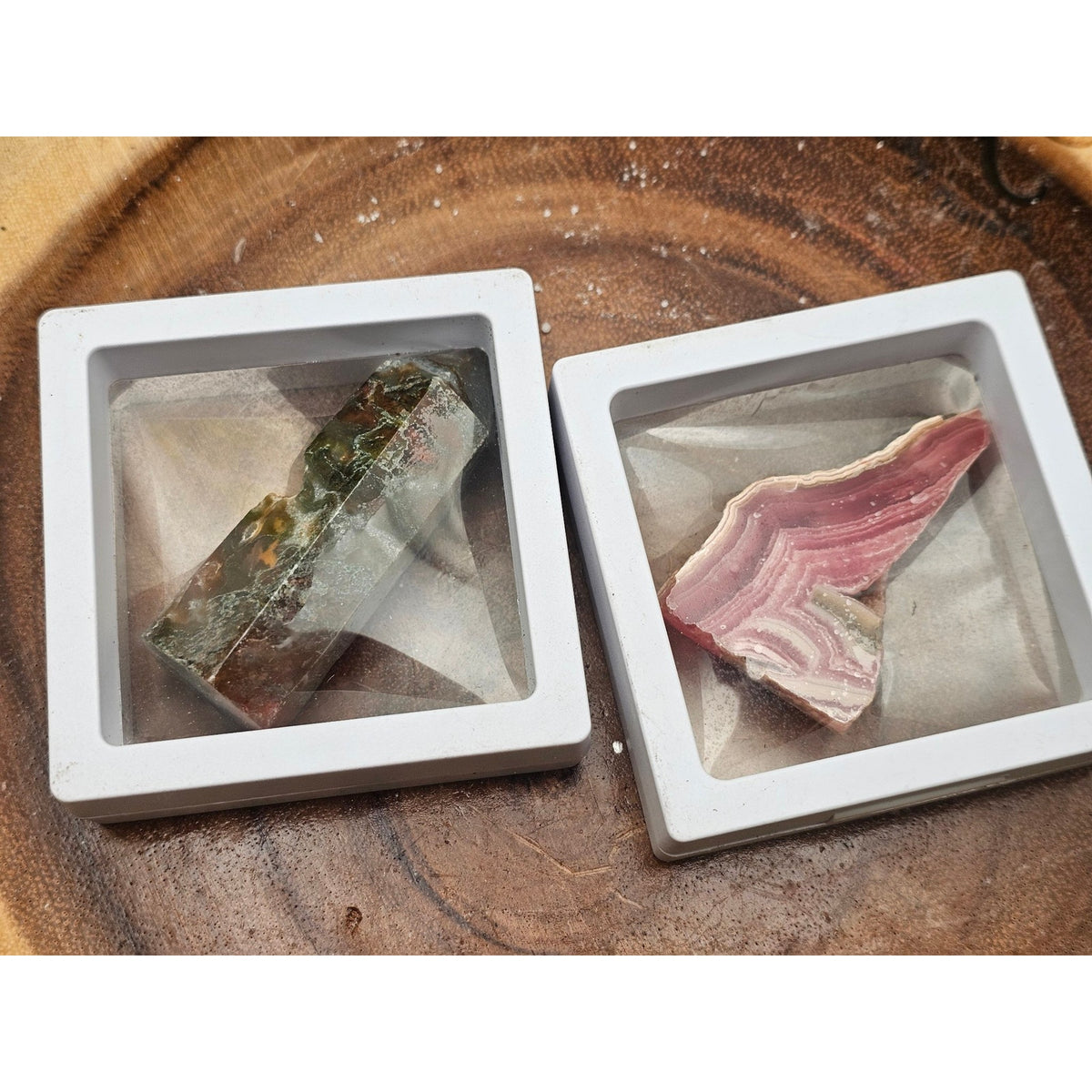 Moss Agate and Pink Banded Stone Set in Floating Display Frames