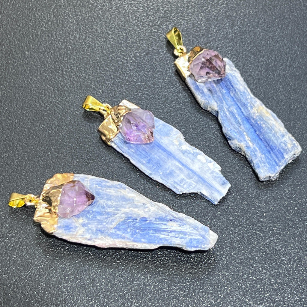 Kyanite And Amethyst Crystal Point Pendant (Gold Plated) by Amazing Crystals