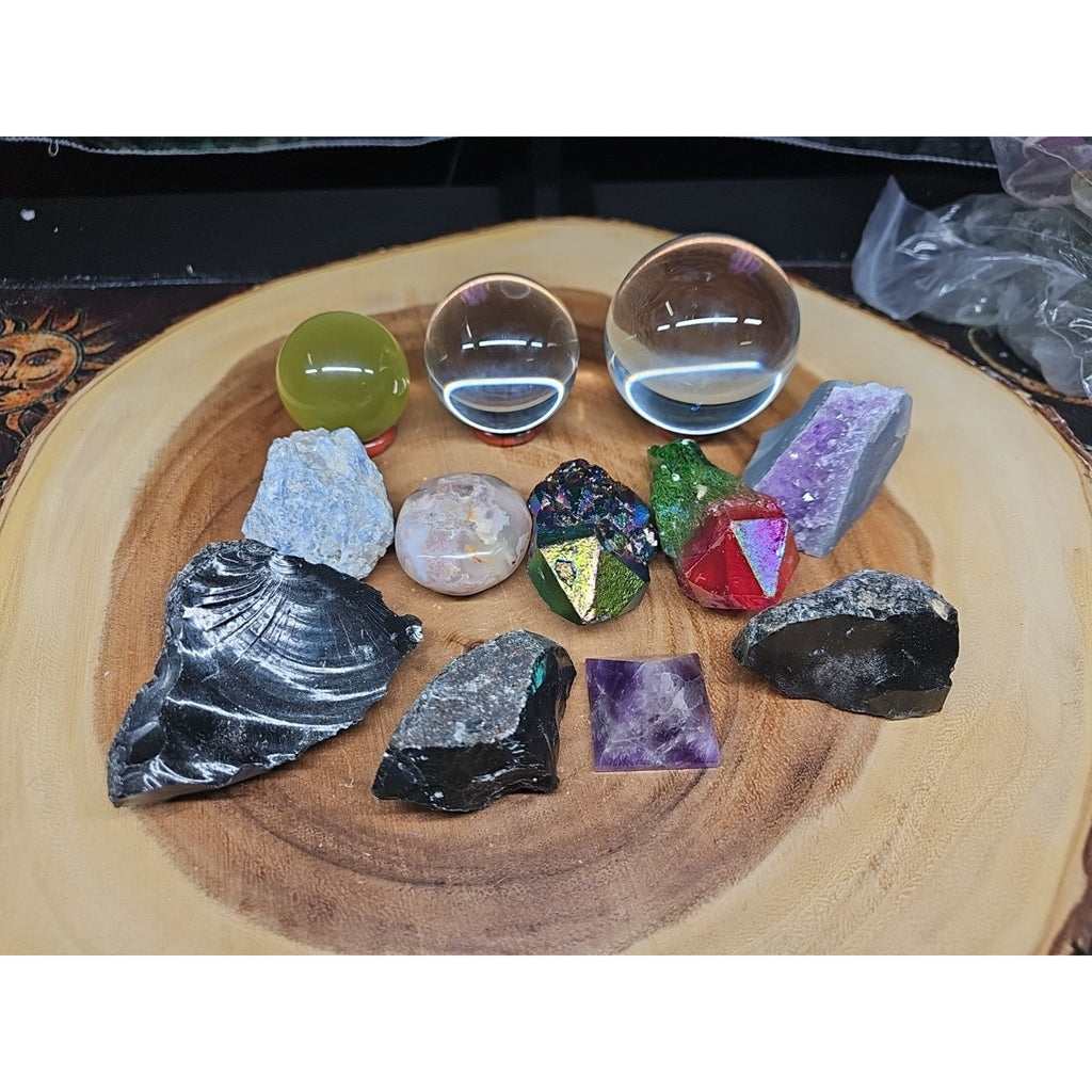 Mix Crystal Lot 2 Glass Sphere, Selenite, Obsidian, Amethyst, Agate,titanium by CrystalCloud Company