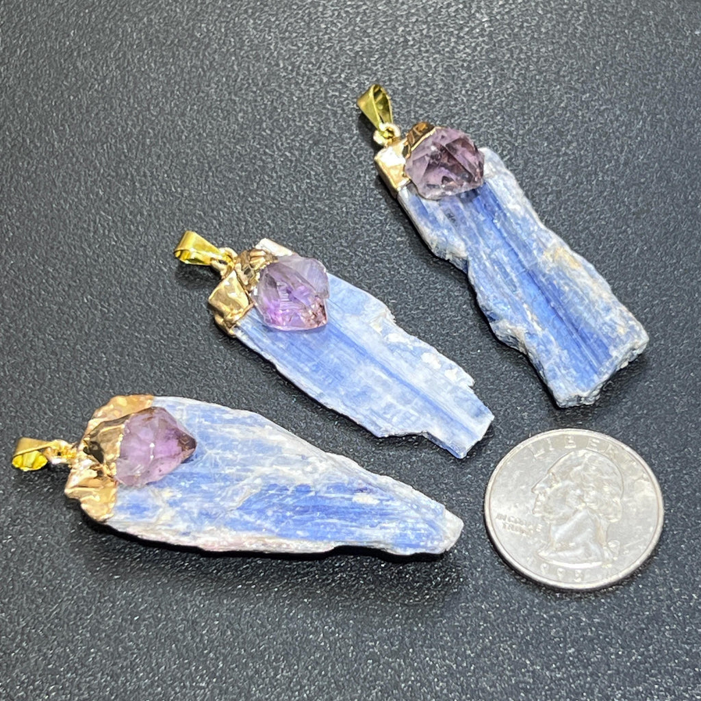Kyanite And Amethyst Crystal Point Pendant (Gold Plated) by Amazing Crystals
